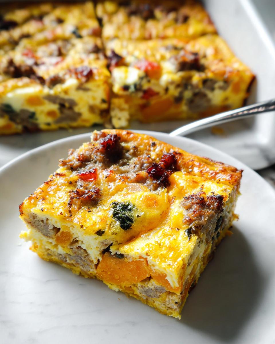 A slice of savory breakfast casserole with sausage, squash, and eggs, perfect for meal prep.