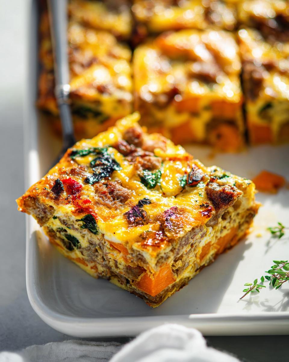 A slice of a hearty breakfast casserole with sausage, spinach, and sweet potato, perfect for meal prep.