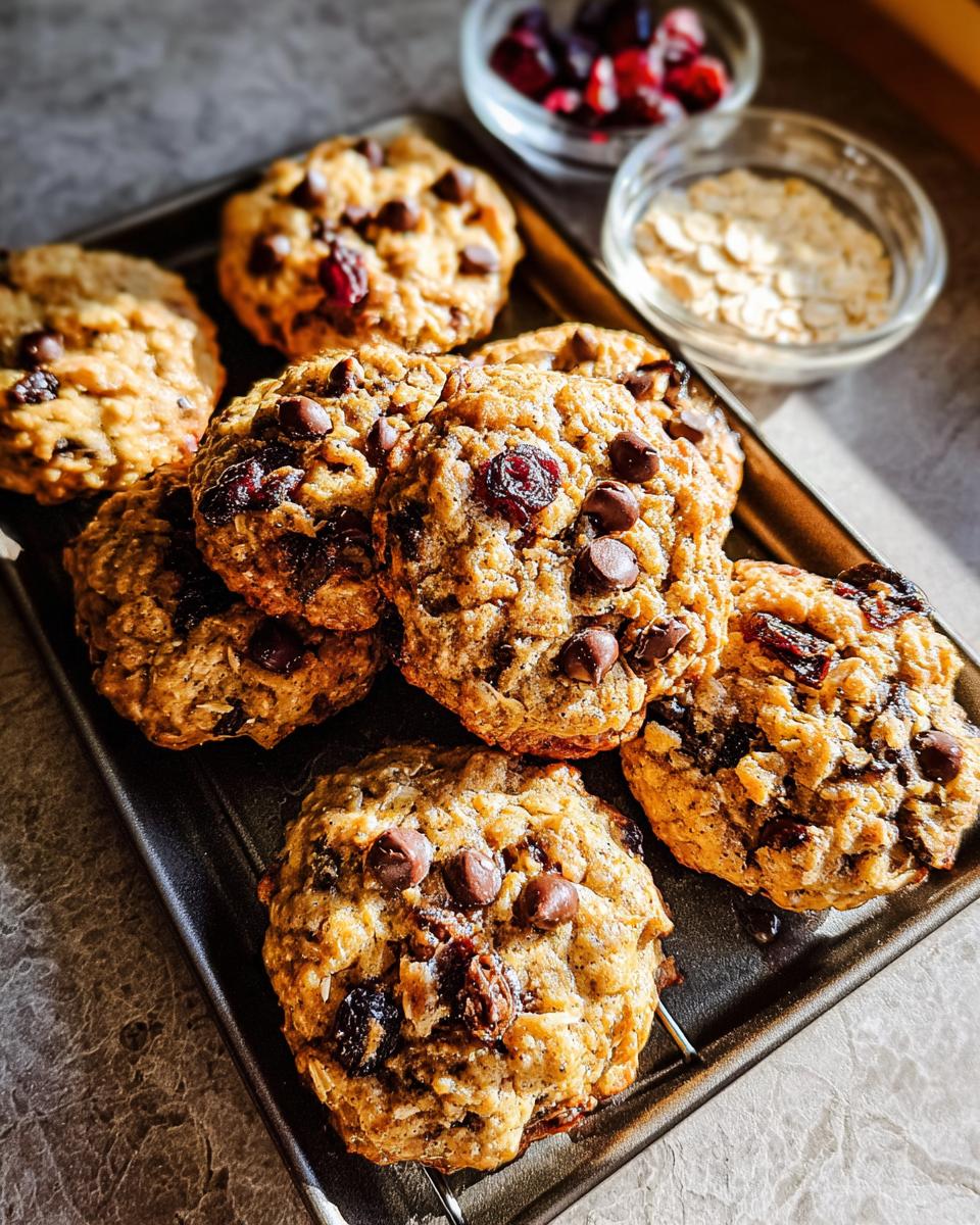 Close-up of freshly baked chocolate chip and cranberry breakfast cookies, part of quick breakfast ideas recipes.