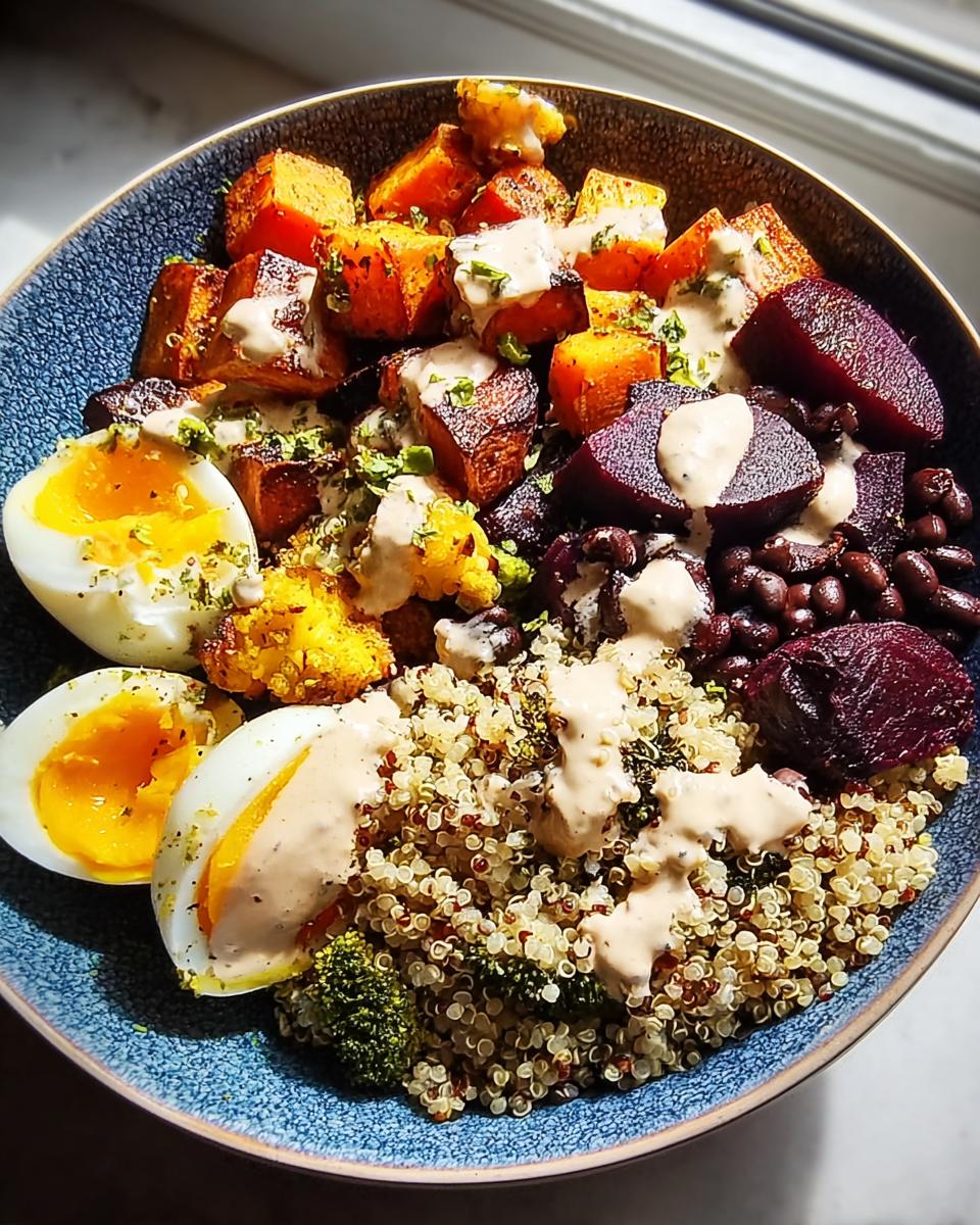 A nutritious breakfast bowl featuring quinoa, roasted sweet potatoes, beets, black beans, cauliflower, broccoli, and soft-boiled eggs, drizzled with sauce.