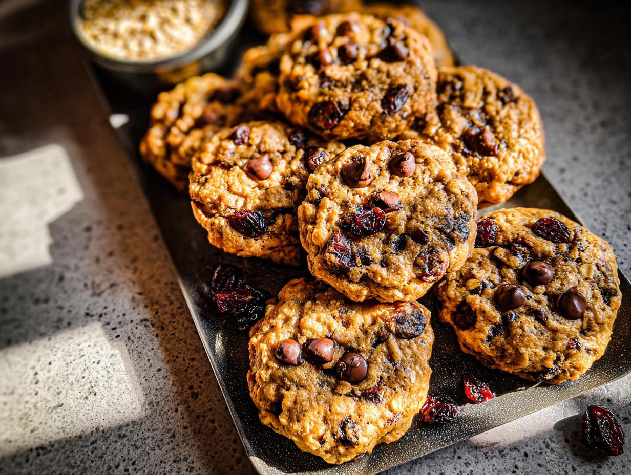 A pile of delicious oatmeal cranberry chocolate chip cookies, perfect for breakfast ideas recipes in 20 minutes.