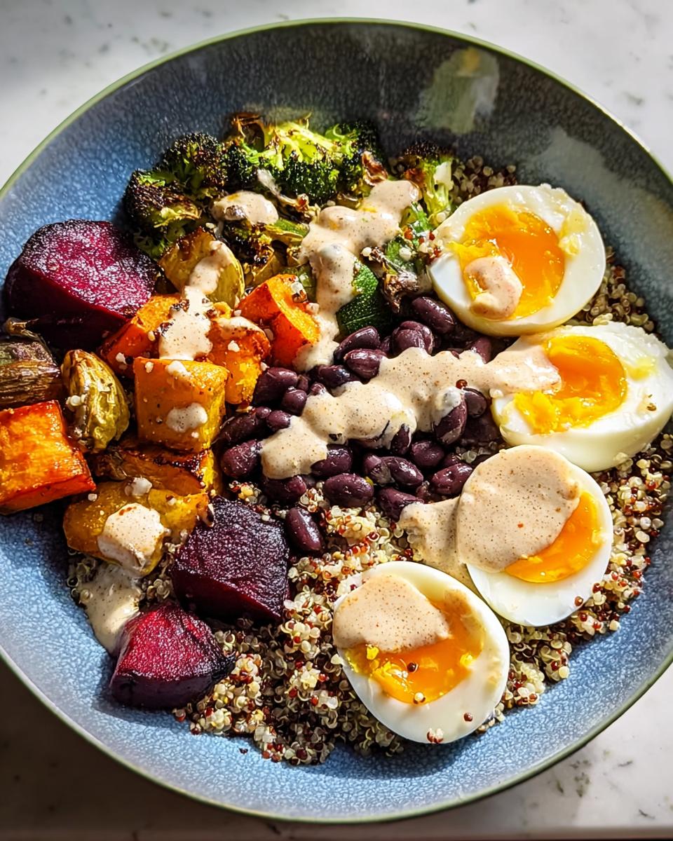 A vibrant bowl featuring quinoa, roasted vegetables (beets, squash, broccoli), black beans, and hard-boiled eggs drizzled with a creamy sauce. A perfect Breakfast Ideas Recipe.