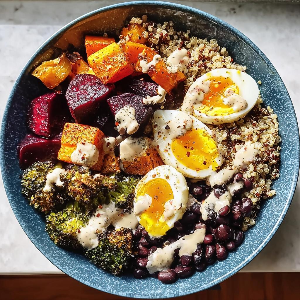 A vibrant breakfast bowl filled with quinoa, black beans, roasted broccoli, beets, butternut squash, and halved hard-boiled eggs, drizzled with a creamy sauce.