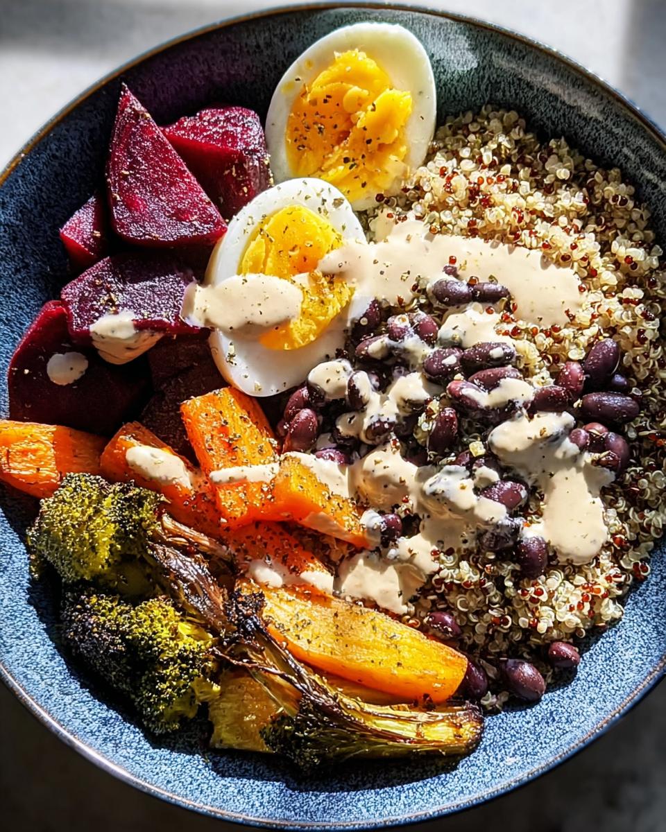 A vibrant bowl featuring quinoa, black beans, roasted vegetables, and hard-boiled eggs, perfect for breakfast ideas recipes.