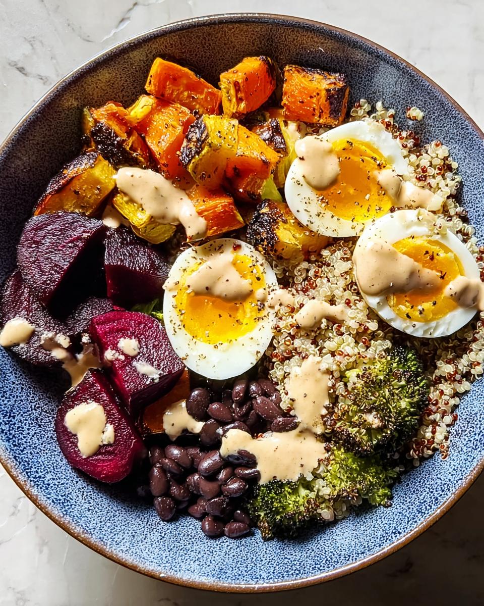 A vibrant breakfast bowl filled with quinoa, roasted sweet potatoes, beets, black beans, broccoli, and halved hard-boiled eggs drizzled with sauce.