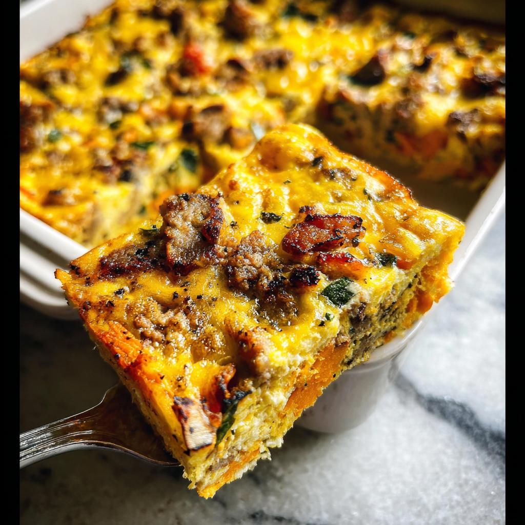 A slice of breakfast casserole with sausage, eggs, and vegetables, perfect for meal prep.