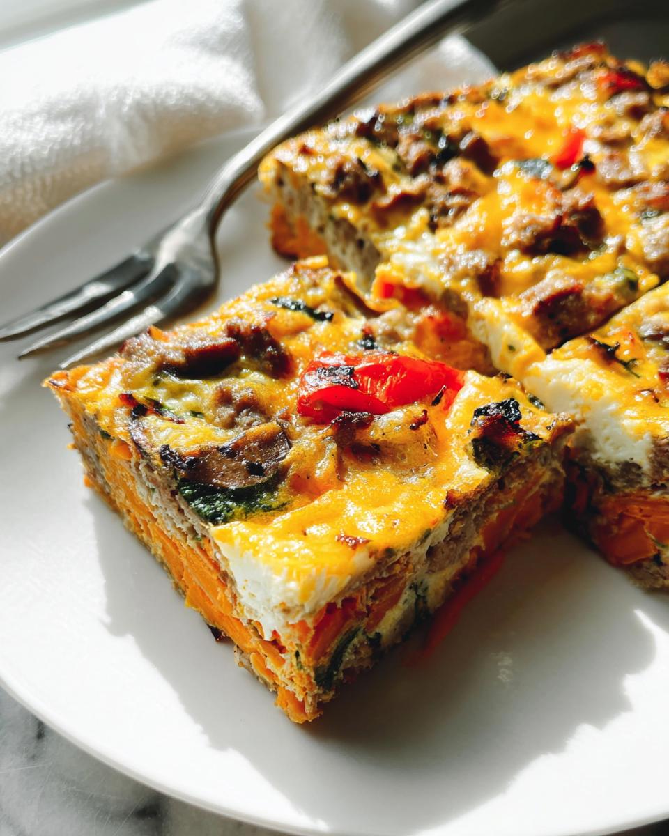 A slice of a savory breakfast casserole with sweet potato, sausage, and vegetables, perfect for meal prep.