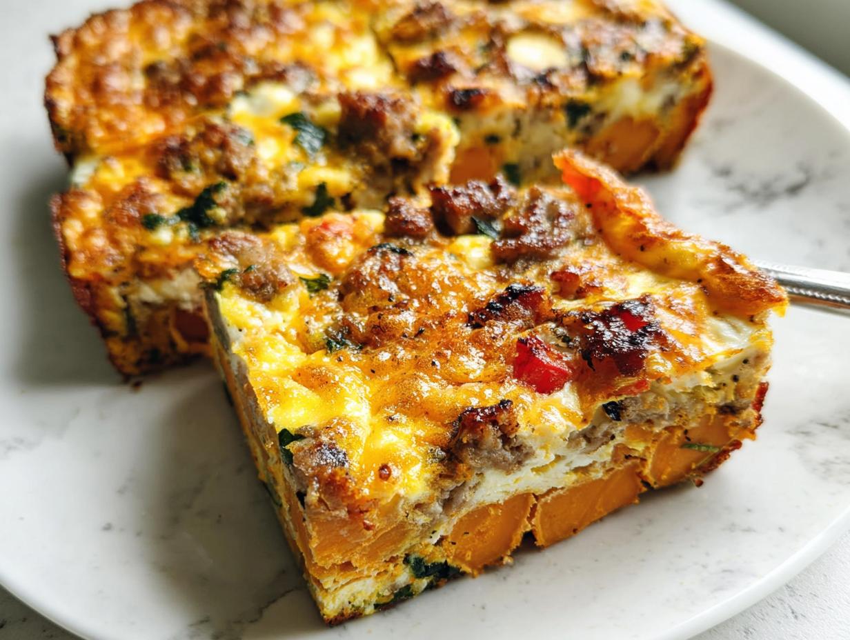 Close-up of a slice of breakfast casserole with sweet potato, sausage, and eggs, perfect for meal prep.