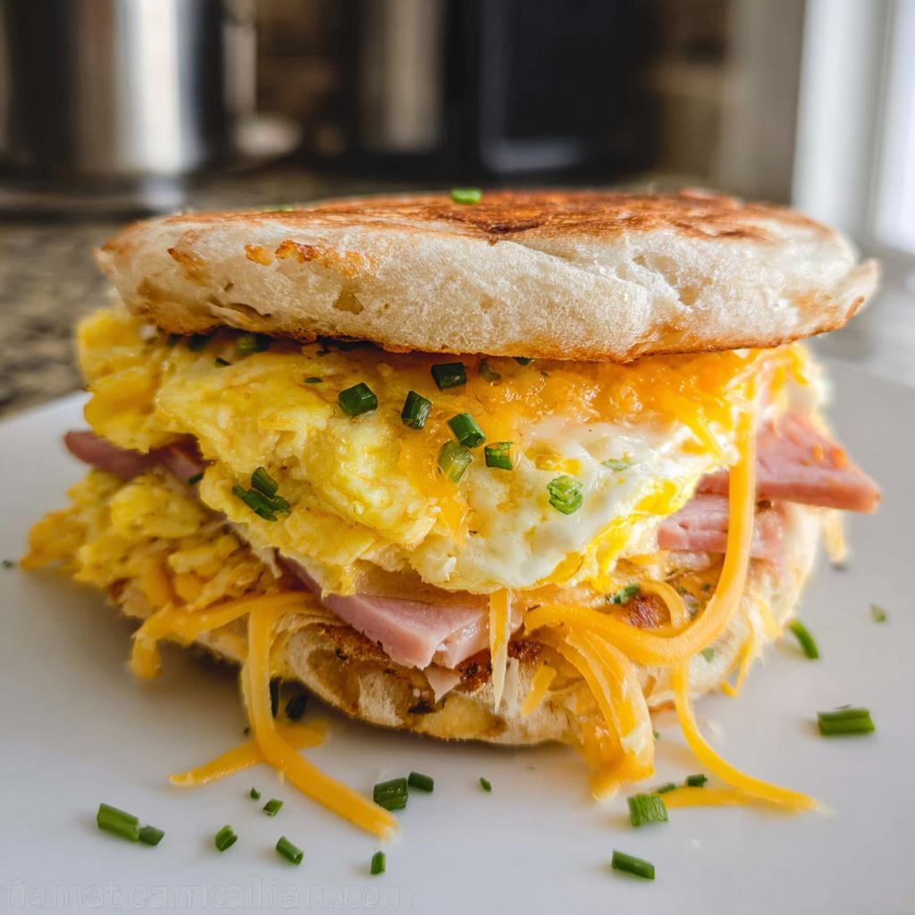 Close-up of a hearty breakfast sandwich with scrambled eggs, ham, melted cheddar cheese, and chives on a toasted bun.