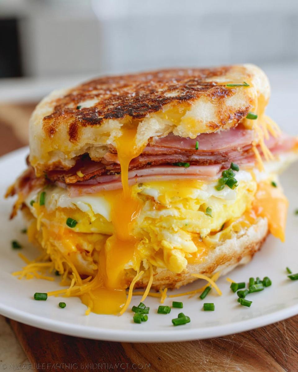 Close-up of a hearty breakfast sandwich with ham, scrambled eggs, melted cheese, and chives.