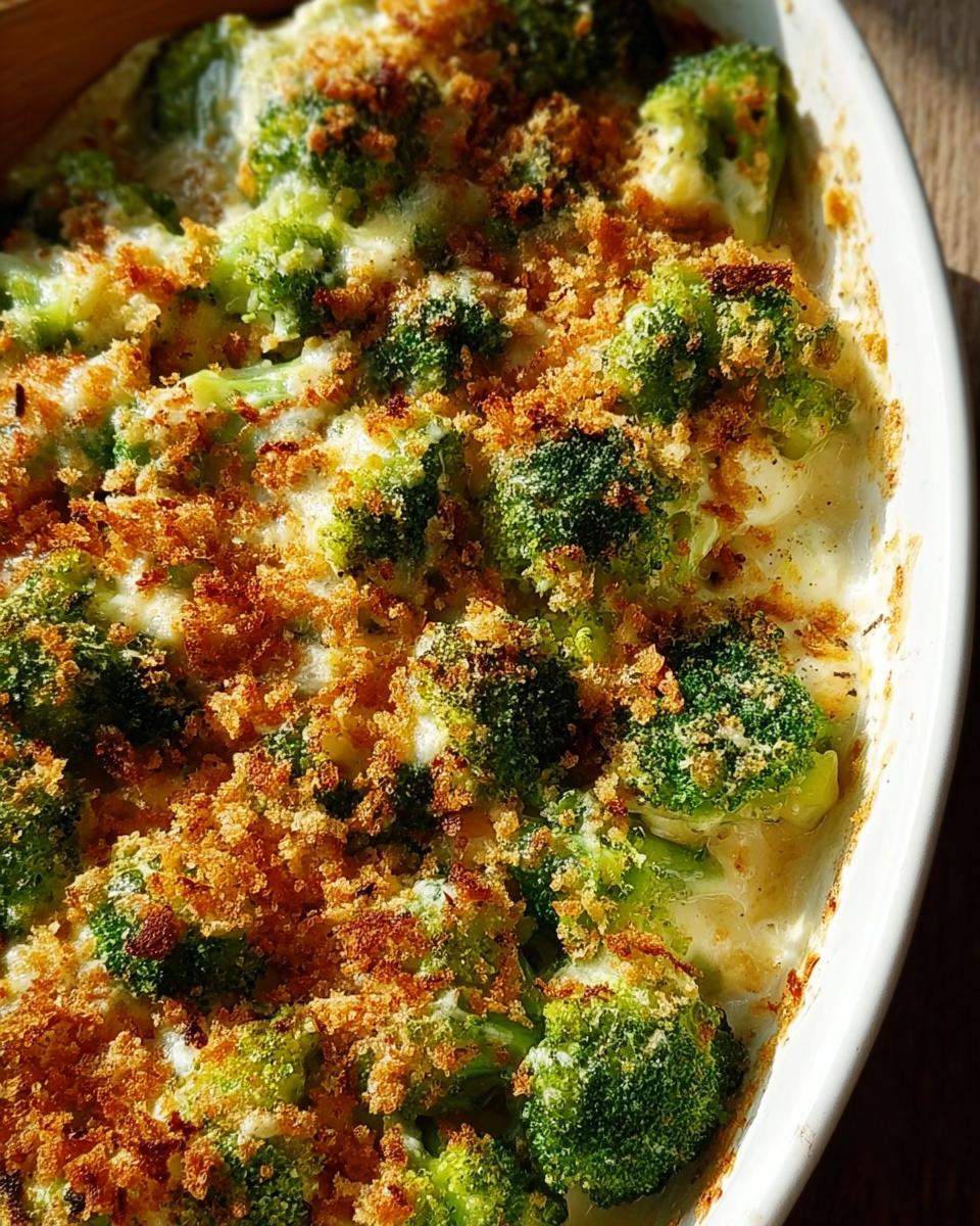 Close-up of a creamy broccoli casserole with a golden breadcrumb topping, a perfect veggie side dish.