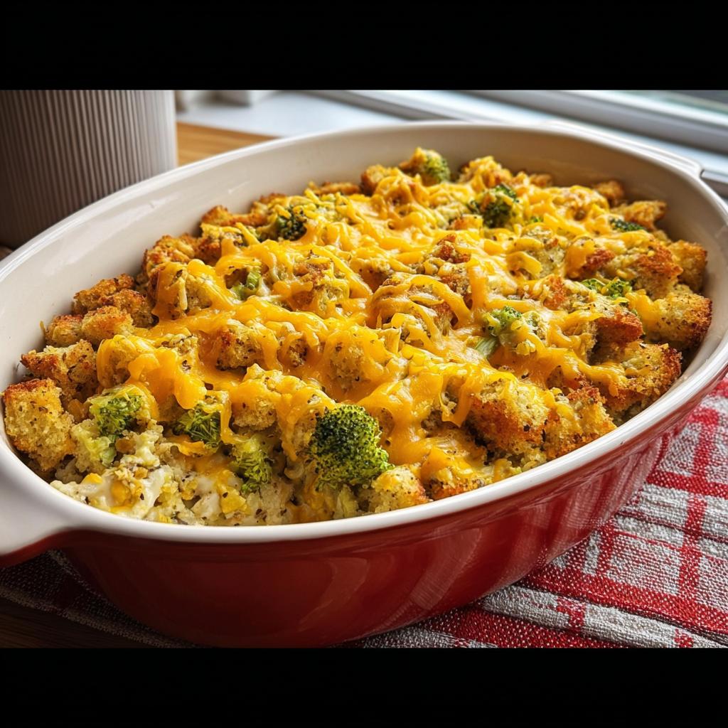 A golden-brown broccoli cheddar chicken casserole topped with melted cheese in a red baking dish.