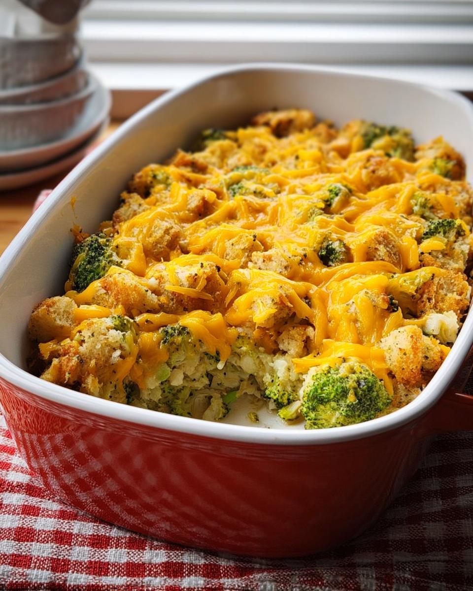 A golden-brown broccoli chicken casserole topped with melted cheddar cheese and breadcrumbs in a red baking dish.