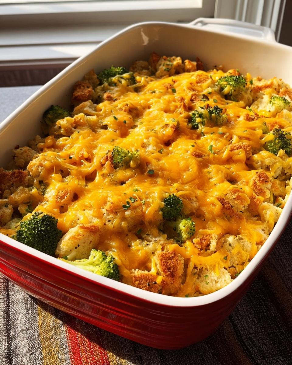 A bubbly and golden broccoli chicken casserole topped with melted cheddar cheese and croutons.