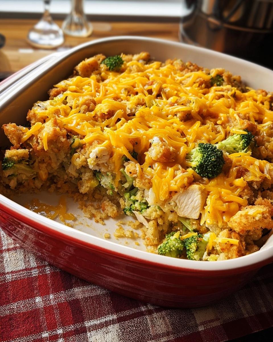 A delicious broccoli chicken casserole topped with melted cheddar cheese and breadcrumbs, ready to be served.