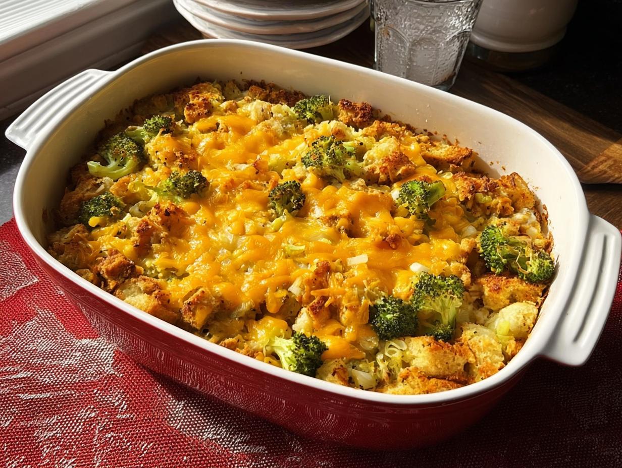 A golden-brown broccoli and chicken casserole topped with melted cheddar cheese, baked in a red dish.