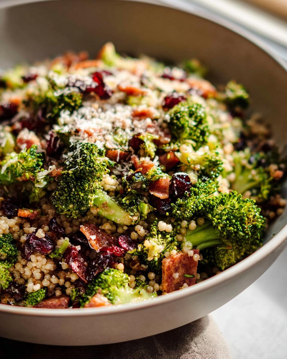 Close-up of a vibrant broccoli salad with couscous, dried cranberries, and crispy bacon bits, part of The Ultimate Veggie Sides Recipes Guide for Beginners.