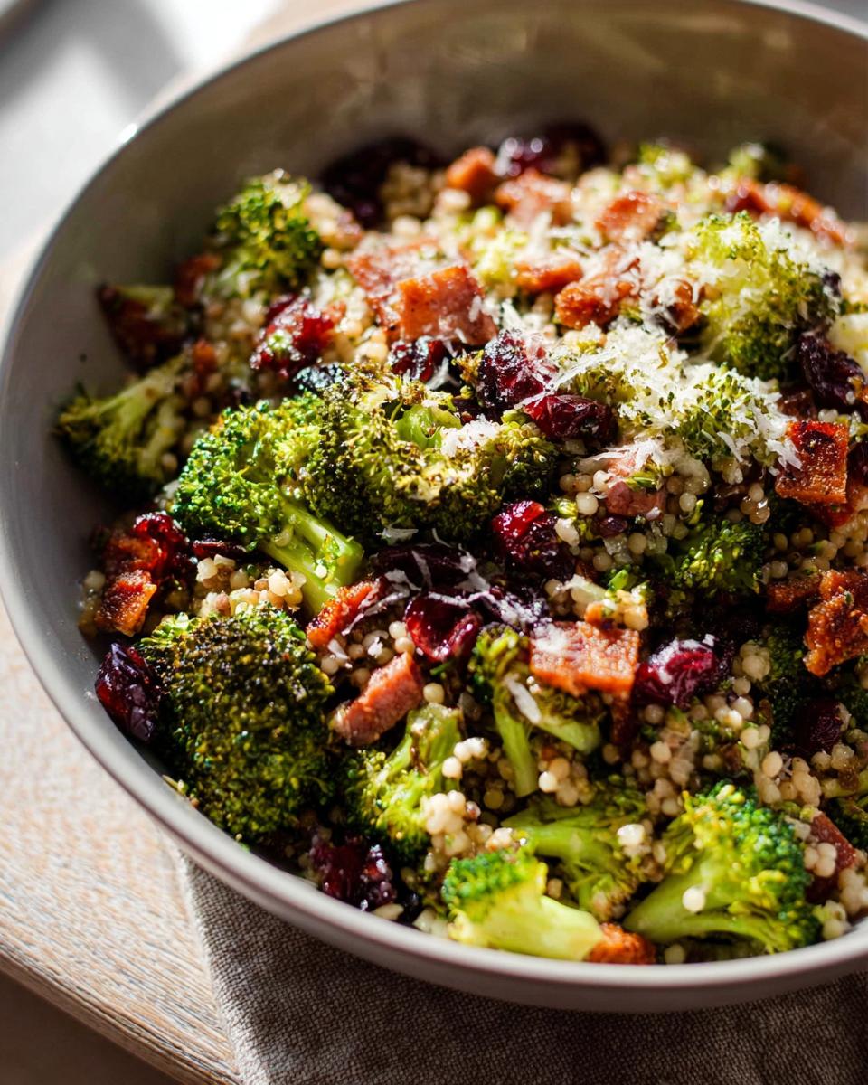 A vibrant bowl of broccoli, cranberries, and quinoa salad, topped with parmesan cheese and bacon bits. A perfect veggie side dish.