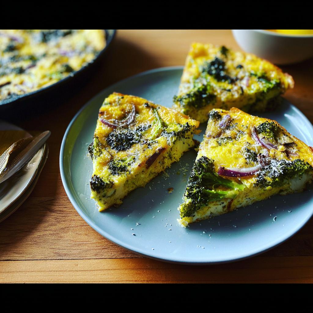 Three slices of a savory frittata with broccoli and red onion, part of 25 Genius Egg Recipes Ideas for Busy Weeknights.