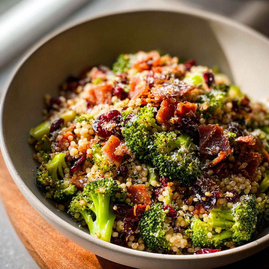 A vibrant bowl of broccoli quinoa salad, featuring tender broccoli florets, chewy cranberries, crispy bacon bits, and a sprinkle of Parmesan cheese.