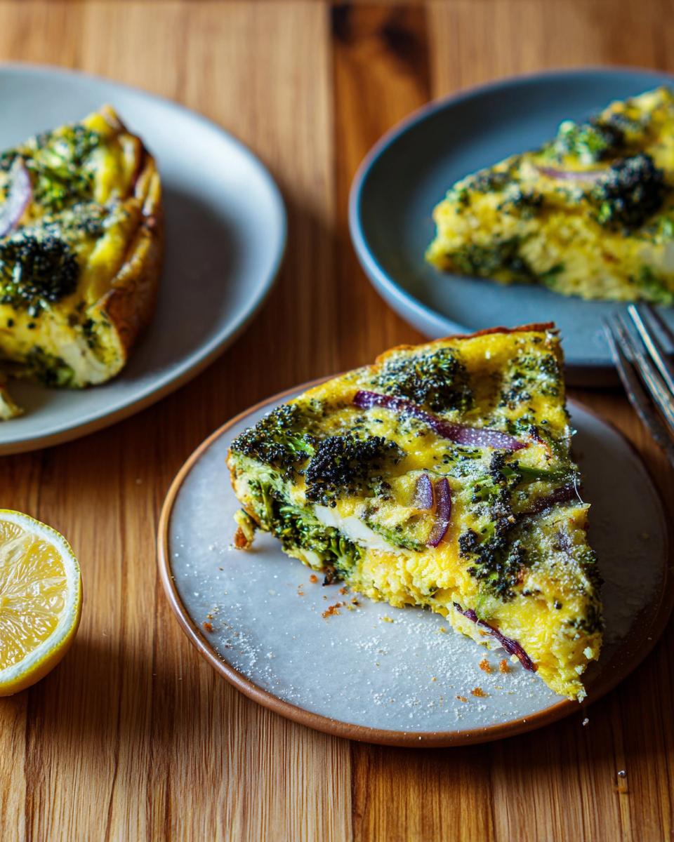 A slice of broccoli and red onion frittata, one of the 25 genius egg recipes, served on a plate with a lemon wedge.