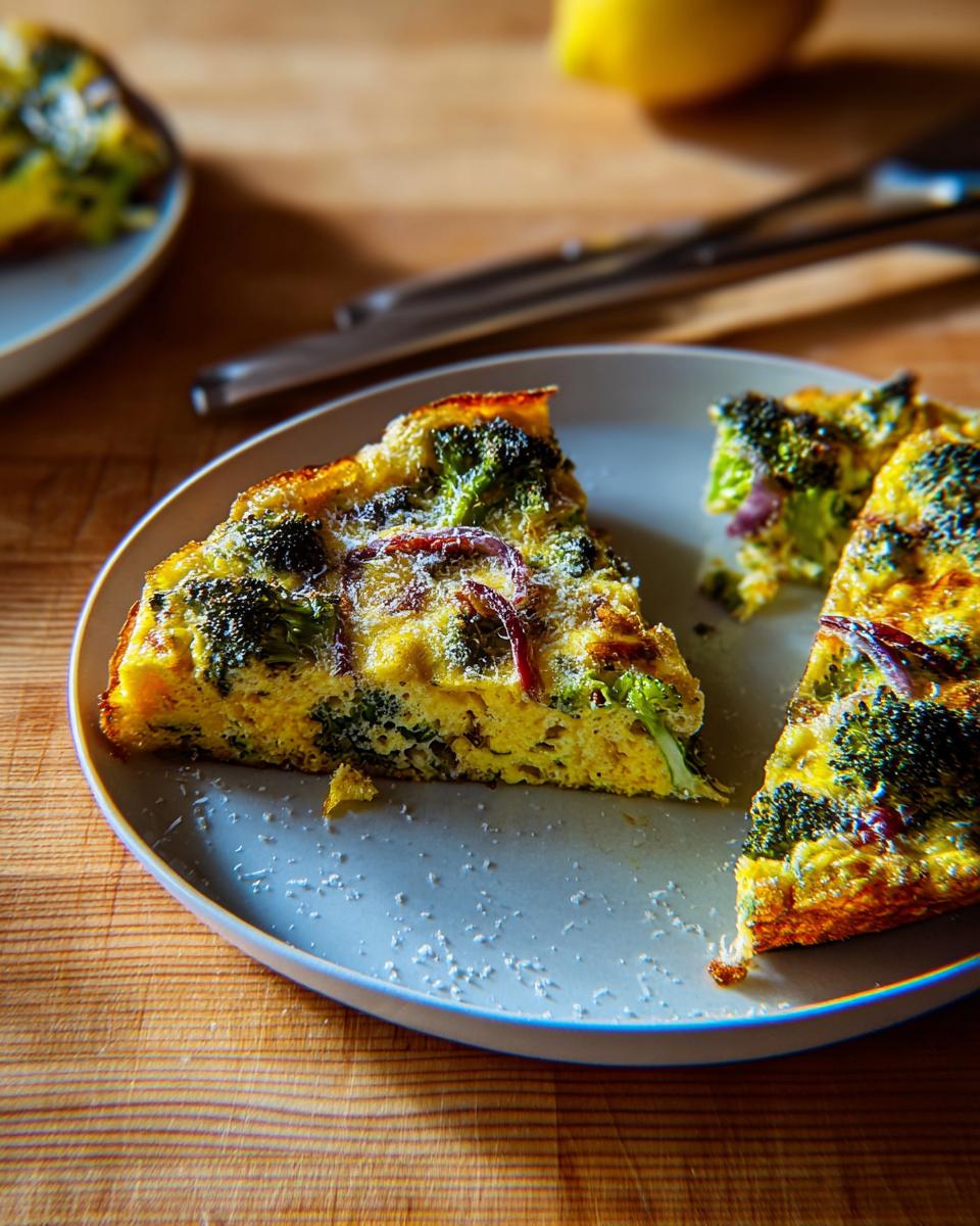A slice of broccoli and red onion frittata, a delicious egg recipe, on a plate with grated cheese.