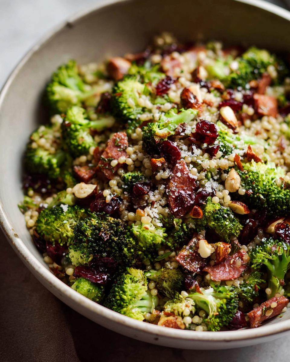 A close-up of a vibrant broccoli salad with couscous, dried cranberries, almonds, and bacon bits, perfect for The Ultimate Veggie Sides Recipes Guide for Beginners.