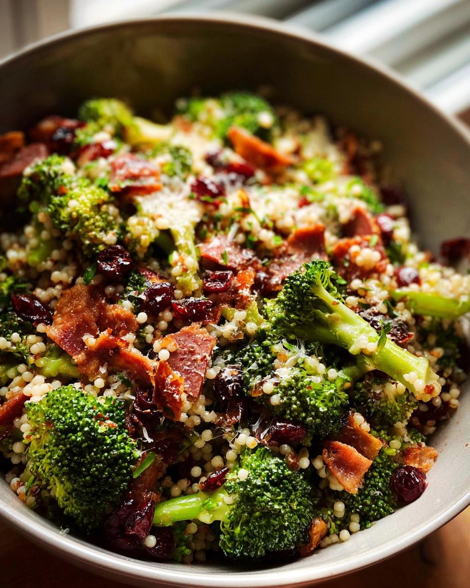 A close-up of a vibrant broccoli salad with couscous, dried cranberries, and crispy bacon pieces, part of The Ultimate Veggie Sides Recipes Guide for Beginners.