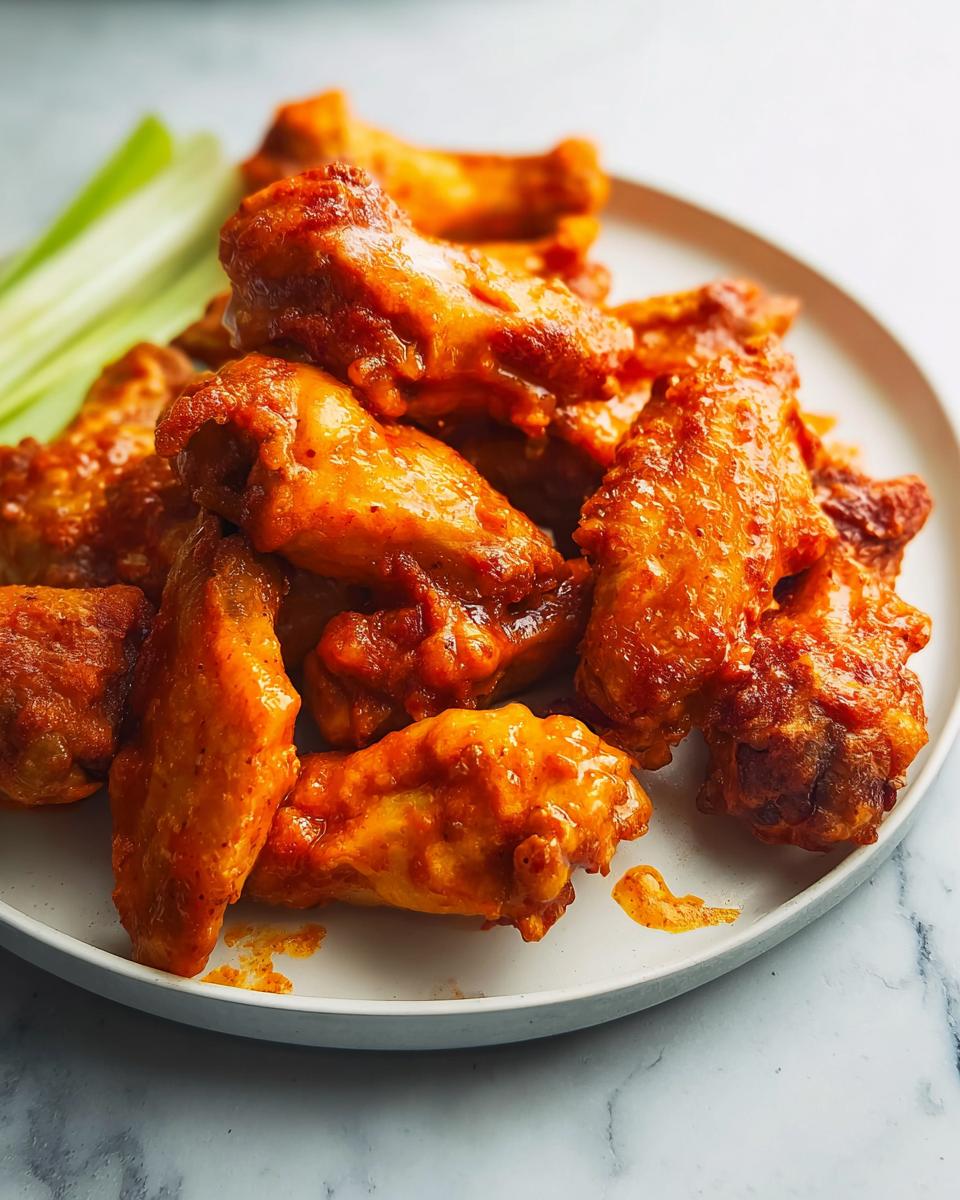 A plate of delicious, saucy buffalo chicken wings served with celery sticks.