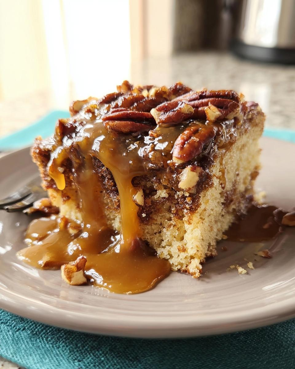 A slice of cake topped with caramel sauce and pecans, one of 15 genius cake ideas recipes for busy weeknights.