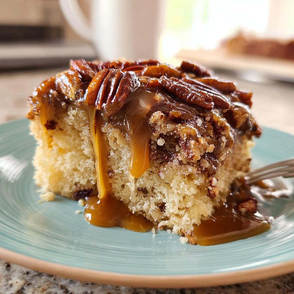 A delicious slice of caramel pecan cake, drizzled with extra caramel sauce and topped with whole pecans. Part of 15 Genius Cake Ideas Recipes for Busy Weeknights.