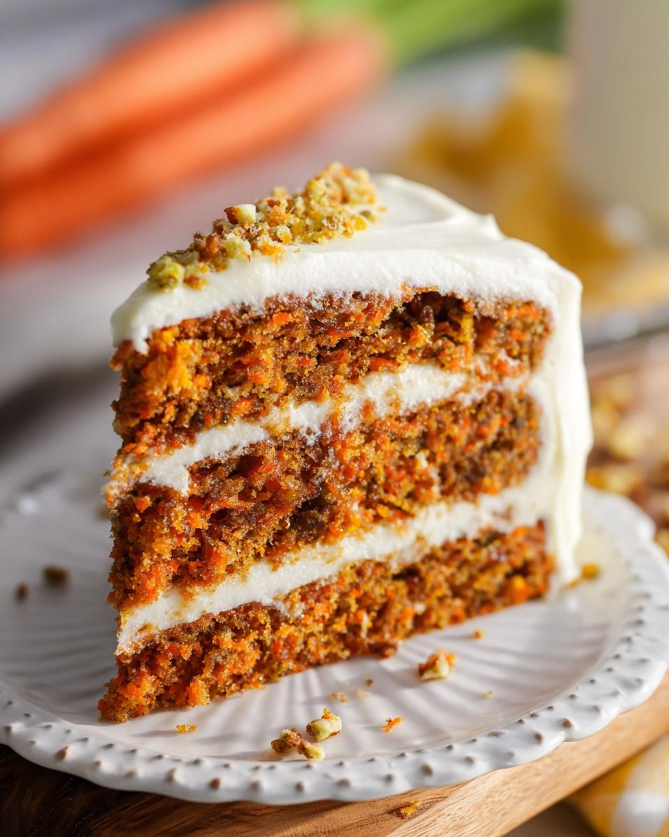 A delicious slice of carrot cake with cream cheese frosting and chopped nuts, showcasing its moist layers.