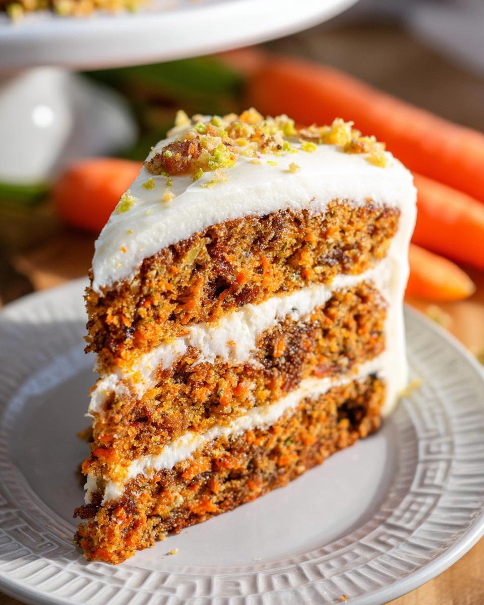 A slice of moist carrot cake with cream cheese frosting, topped with chopped nuts and zest. Part of our Cake Ideas Recipes.