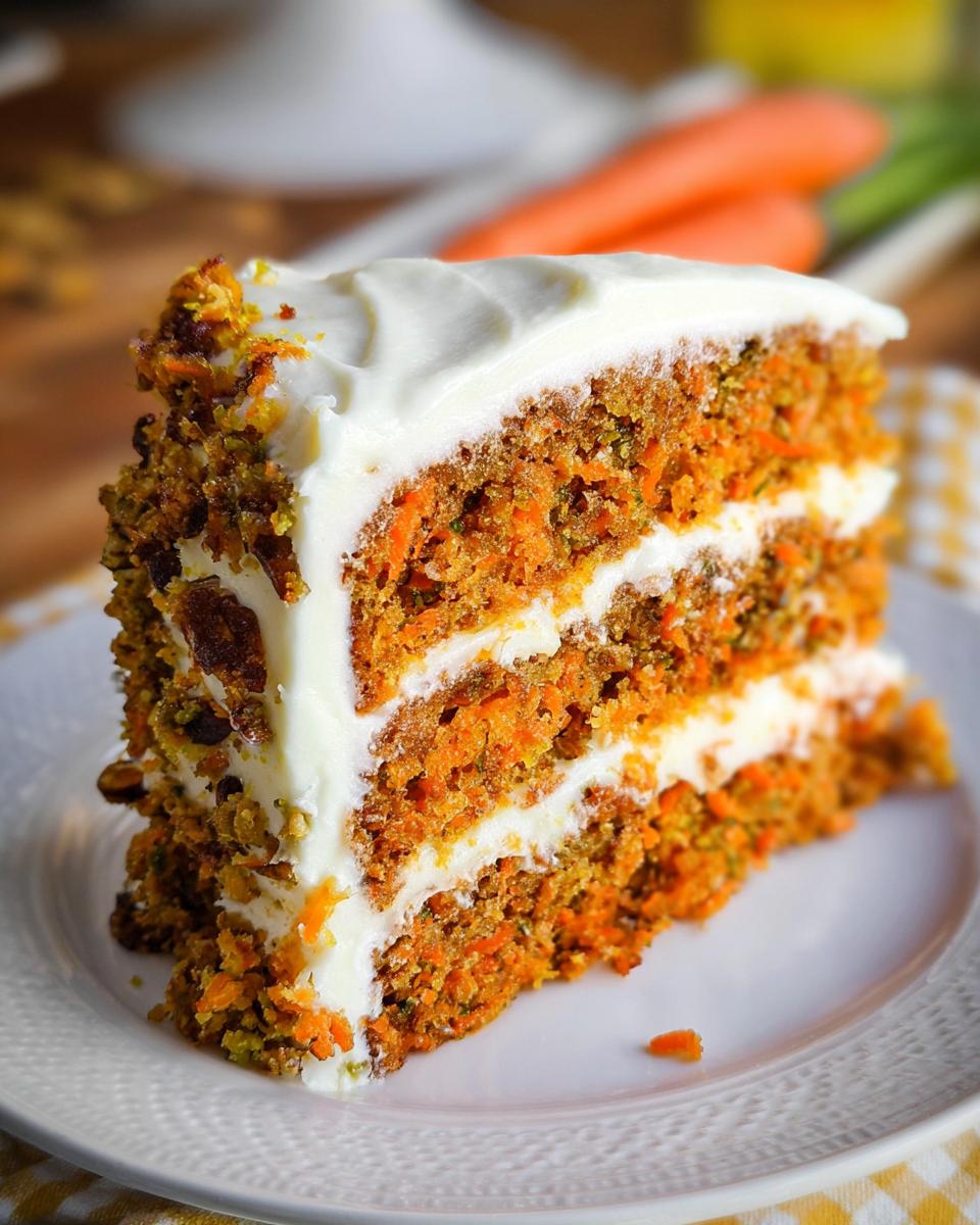A moist slice of carrot cake with cream cheese frosting, showcasing layers of grated carrots and nuts.