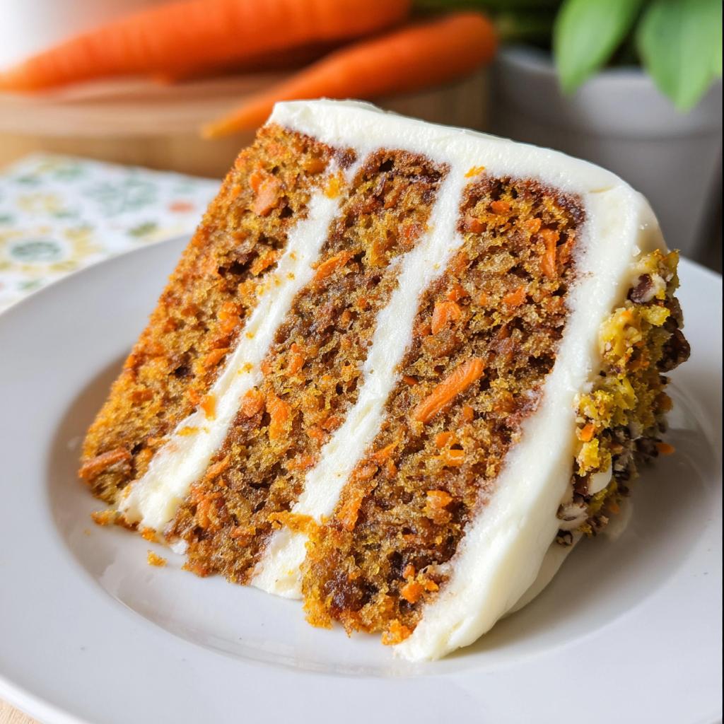 A slice of moist carrot cake with cream cheese frosting, featuring visible shredded carrots and a nutty crust.