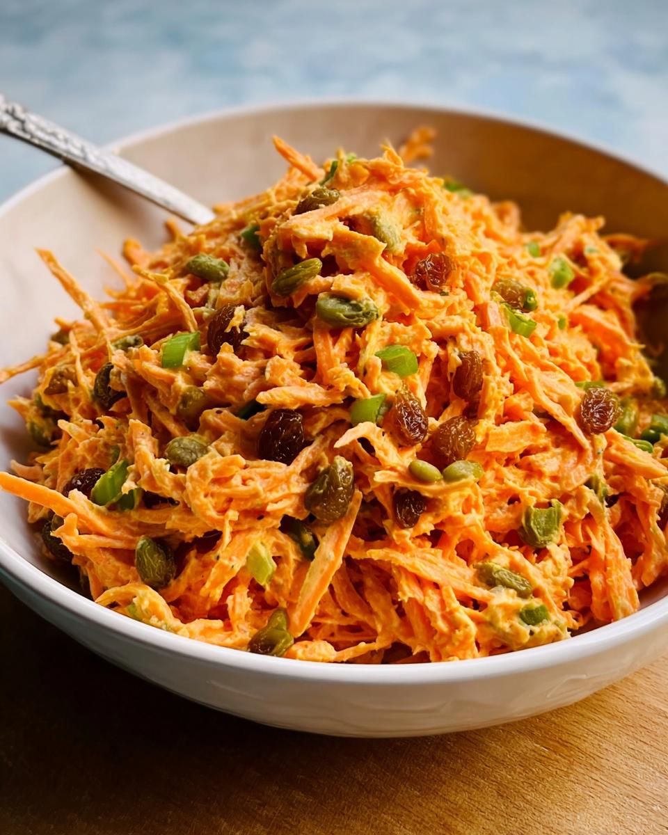 A bowl of shredded carrot salad with raisins and chopped green onions, perfect for quick veggie sides recipes.