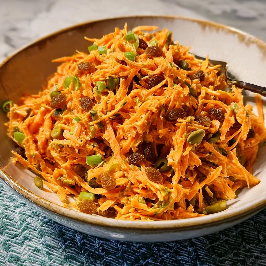 A bowl of shredded carrot salad with raisins, green onions, and pumpkin seeds, perfect for quick veggie sides recipes.