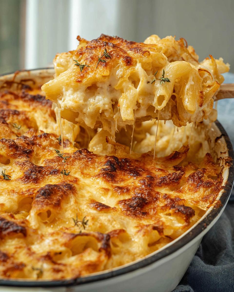 A serving spoon lifting a portion of cheesy baked pasta from a casserole dish, showing melted cheese strings.