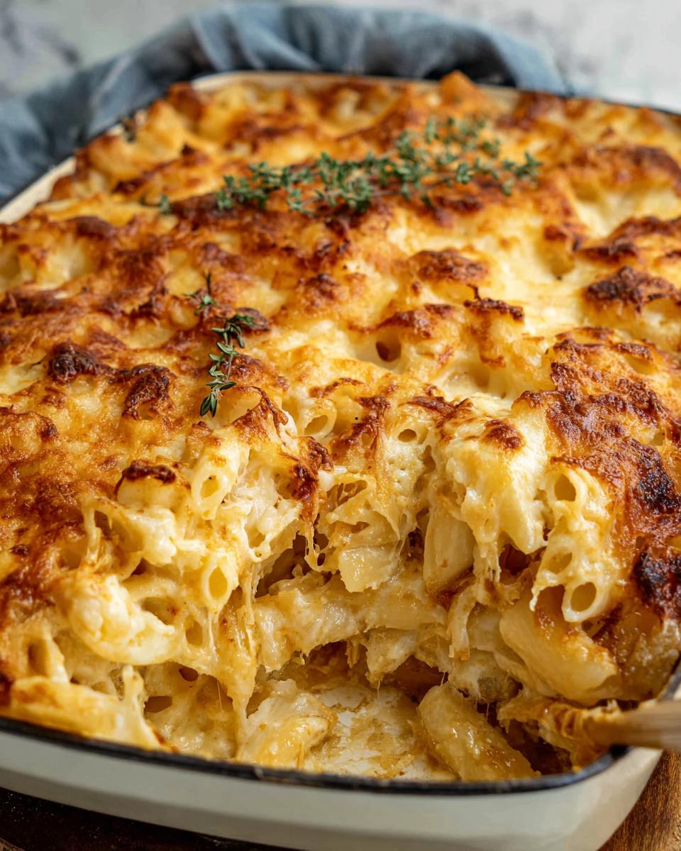 Close-up of a cheesy baked pasta recipe with golden brown crust and fresh thyme.