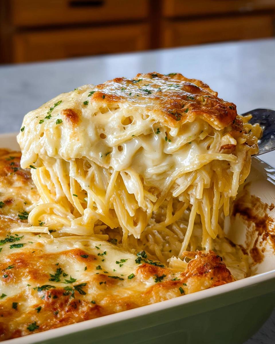 A scoop of cheesy baked spaghetti casserole, a delicious pasta recipe, being lifted from a baking dish, garnished with parsley.