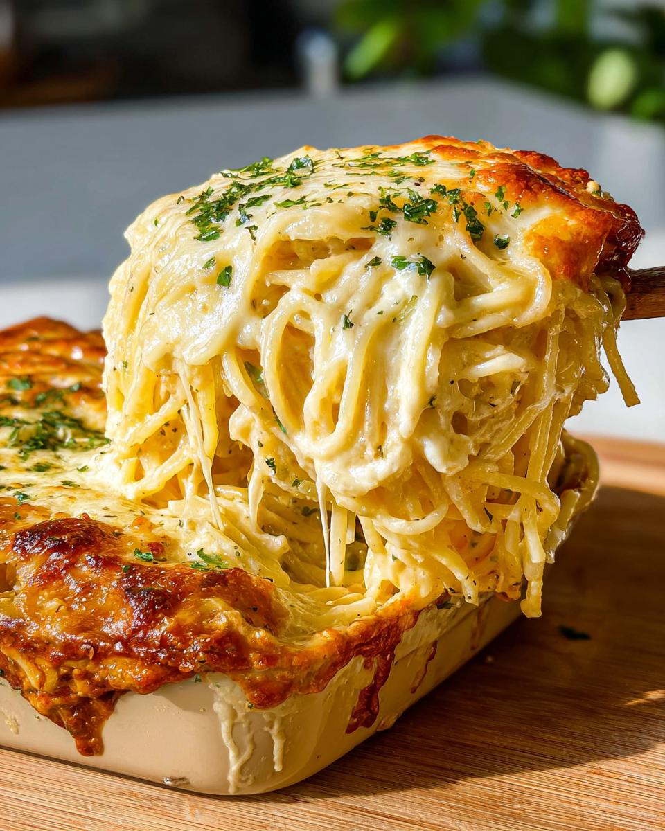A serving of cheesy baked spaghetti being lifted from a casserole dish, covered in melted cheese and herbs.