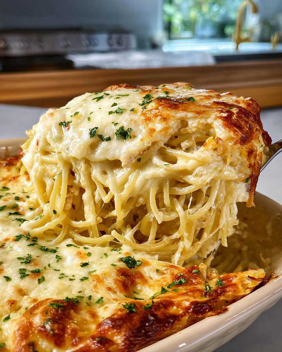 A scoop of cheesy baked spaghetti being lifted from a casserole dish, topped with melted cheese and parsley. A must-try in The Only Pasta Recipes Recipe.