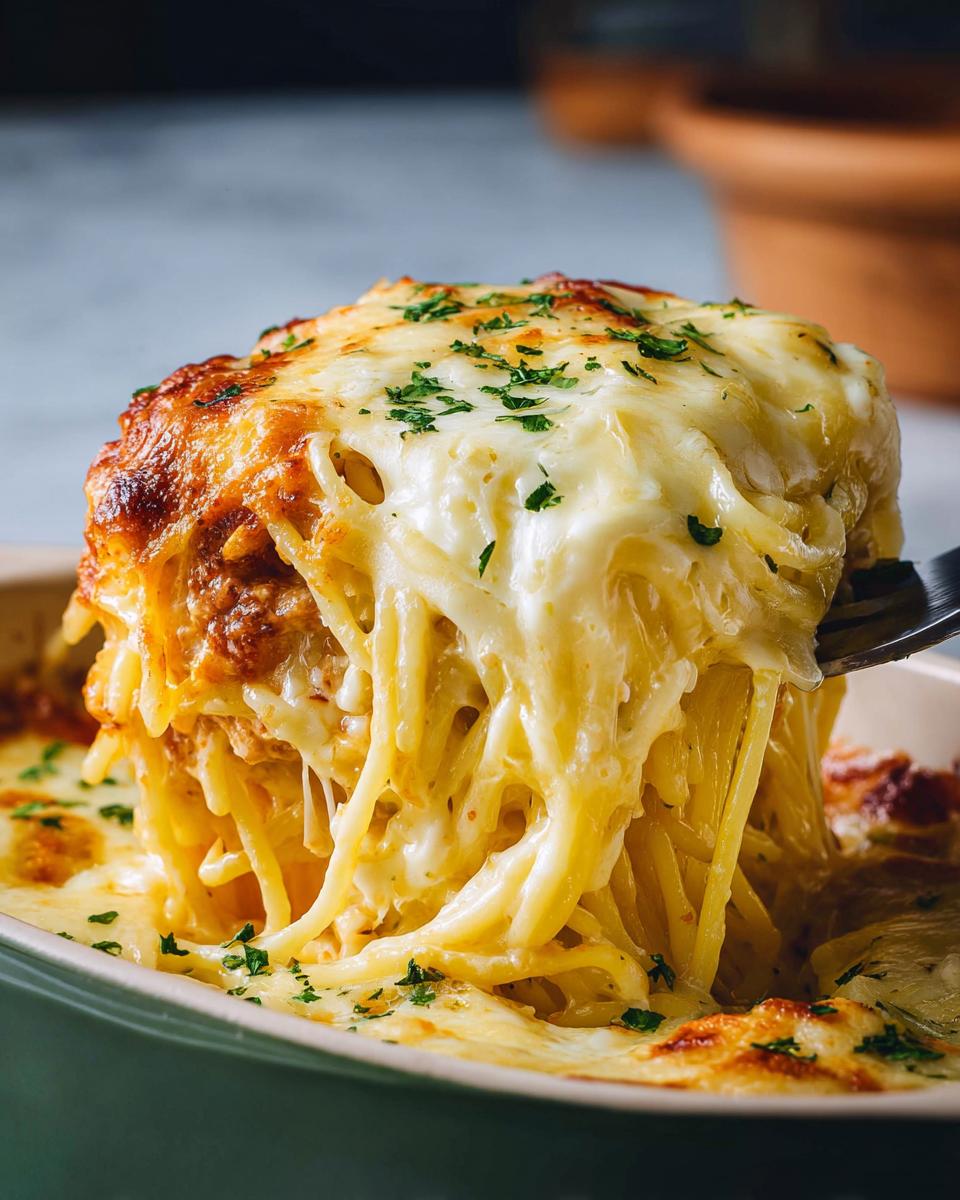 A fork lifting a portion of cheesy spaghetti casserole, showing melted cheese and pasta strands.