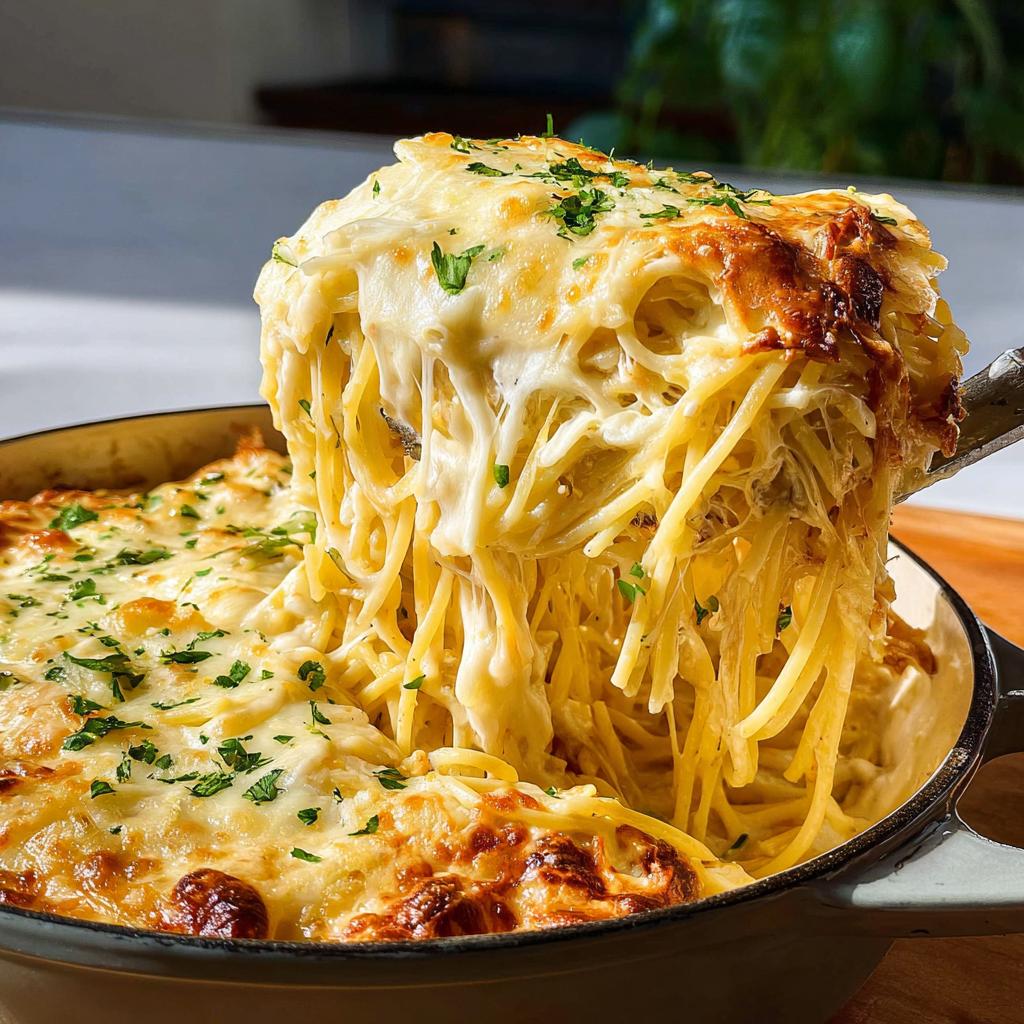 A scoop of cheesy spaghetti casserole being lifted from a baking dish, showing melted cheese and fresh parsley.