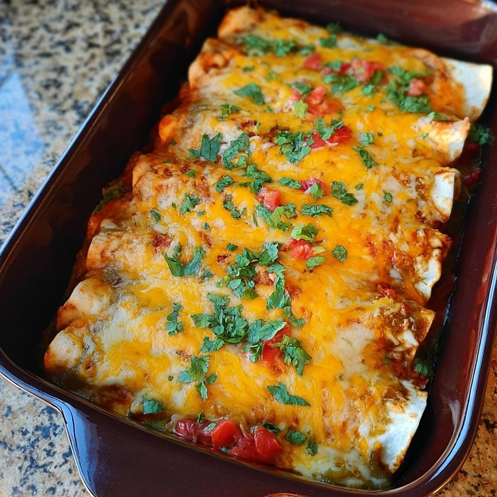 A pan of cheesy chicken enchiladas topped with cilantro and diced tomatoes, perfect for chicken recipes meal prep.