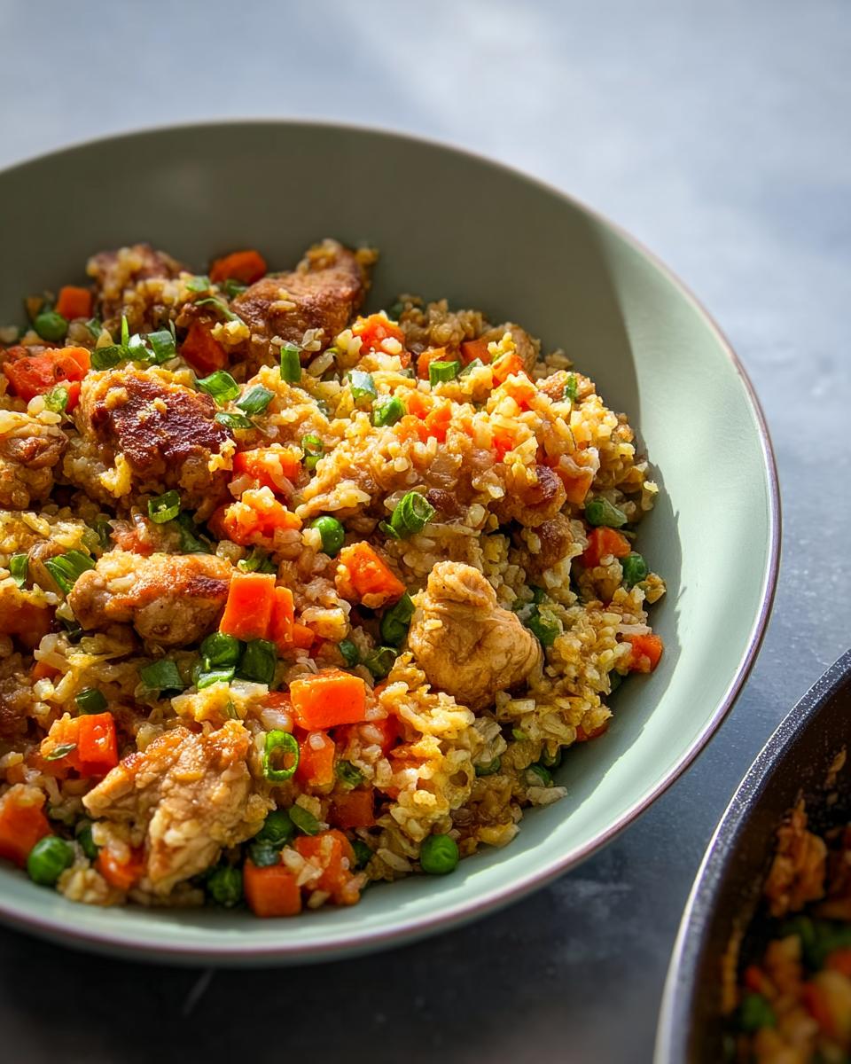 A close-up of a delicious chicken fried rice bowl with peas, carrots, and green onions, part of Rice Bowls Recipes in 12 Minutes.