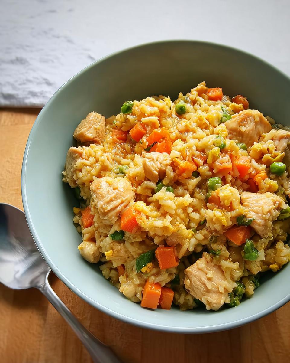 A close-up of a light blue bowl filled with chicken fried rice, featuring chicken pieces, peas, and carrots.