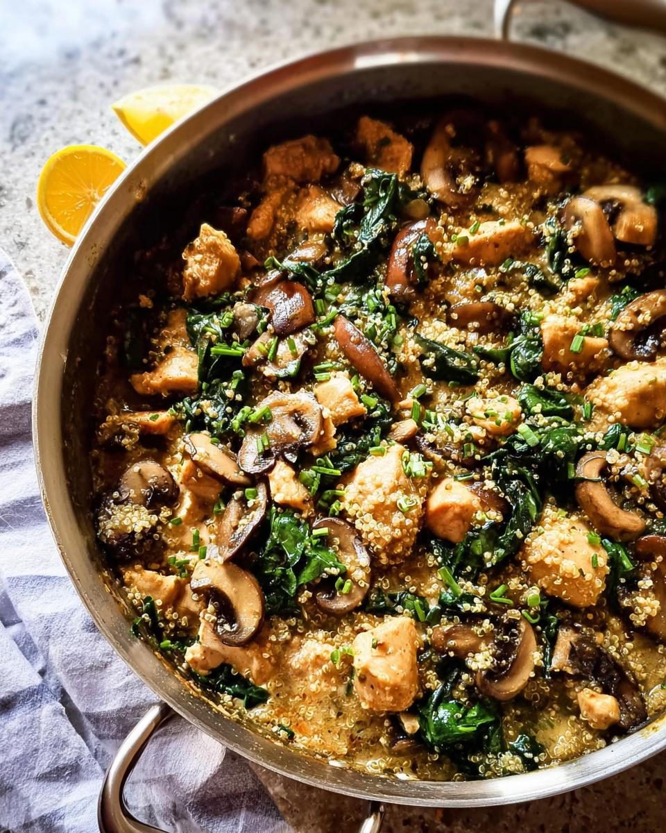 A close-up of a creamy chicken and mushroom quinoa skillet, a delicious recipe from The Ultimate Chicken Recipes Guide for Beginners.