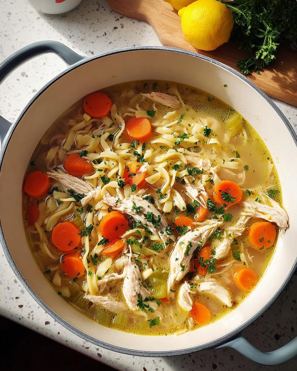 A hearty bowl of chicken noodle soup with shredded chicken, egg noodles, carrots, and parsley.