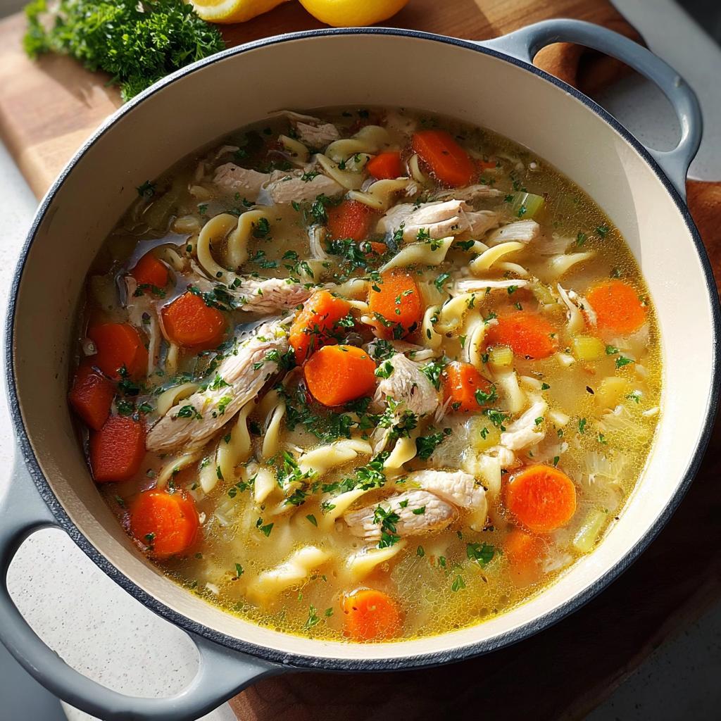 A close-up of a pot of comforting chicken noodle soup with carrots, noodles, and shredded chicken.